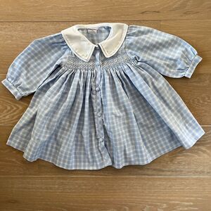 Petite Ami Plaid Smocked Pleated Long Sleeve Blue White Button Front Dress 18 mo